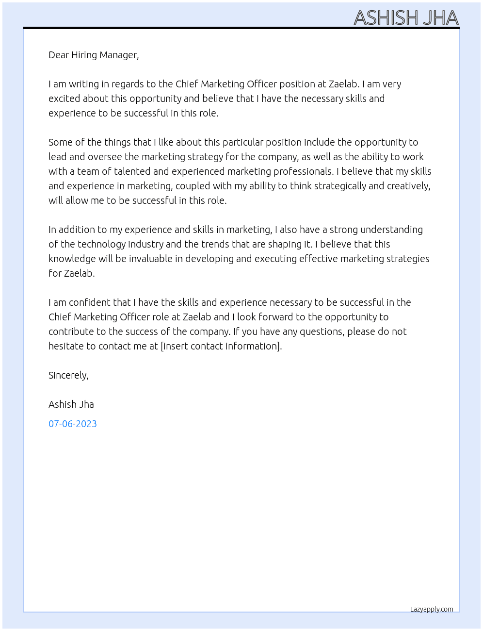 Chief Marketing Officer At Zaelab Cover Letter