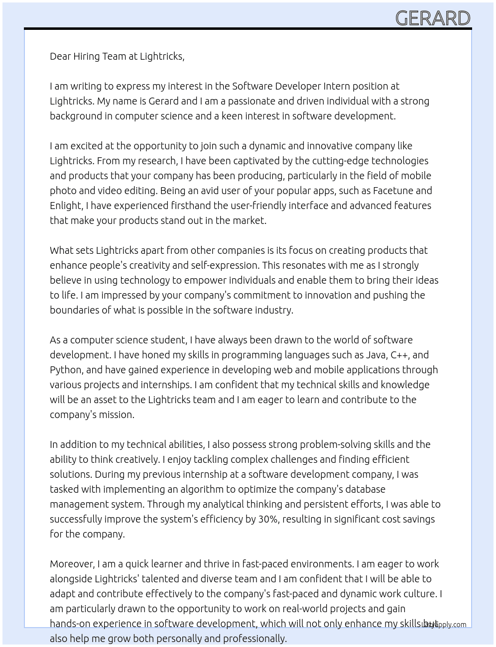 software developer intern At Lightricks Cover Letter