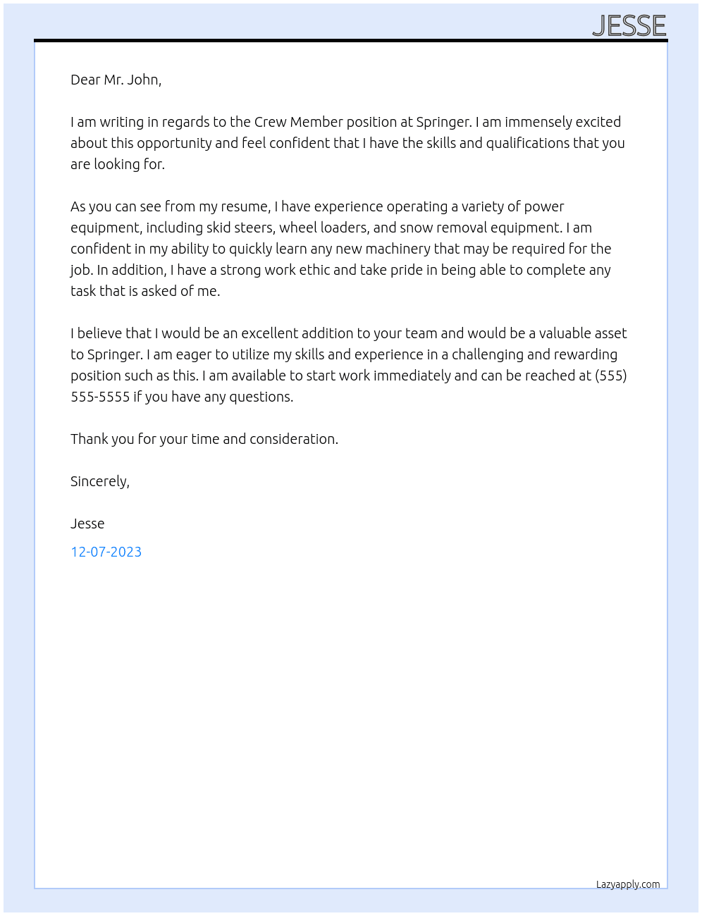 Crew Member At Springer Cover Letter