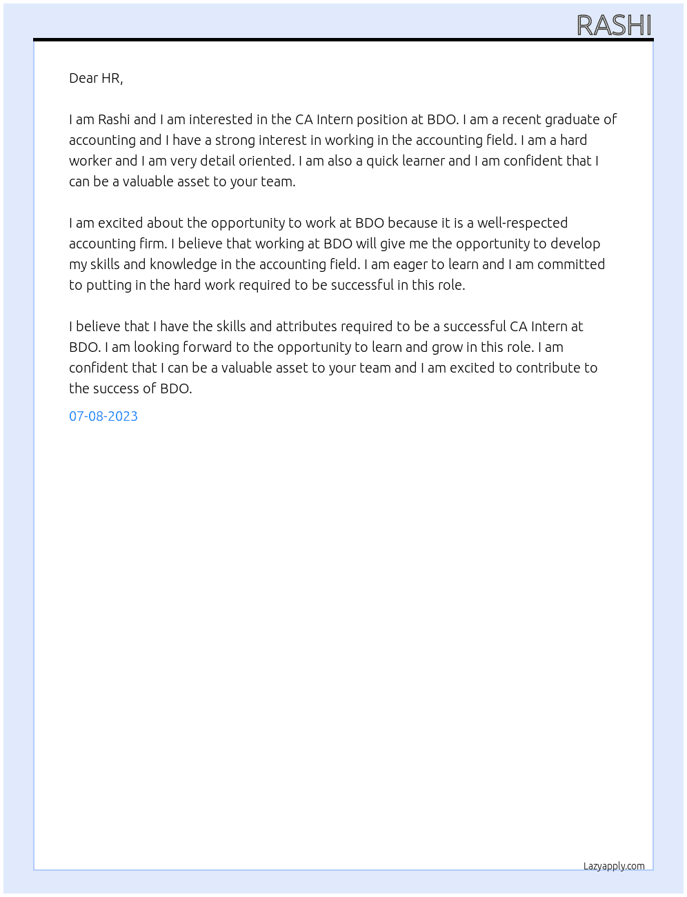 CA Intern At BDO Cover Letter