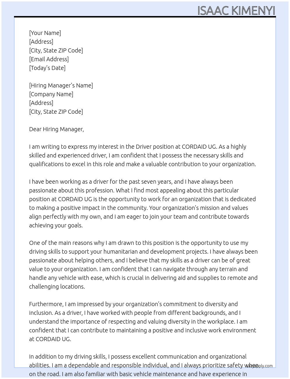 Driver At CORDAID UG Cover Letter