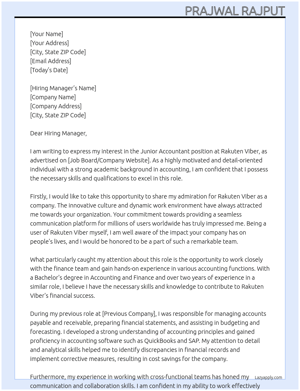 Junior Accountant At Rakuten Viber Cover Letter