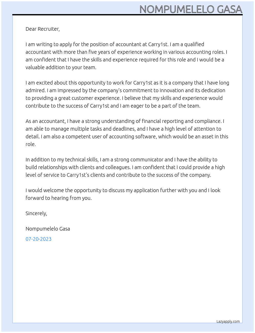 Accountant At Carry1st Cover Letter