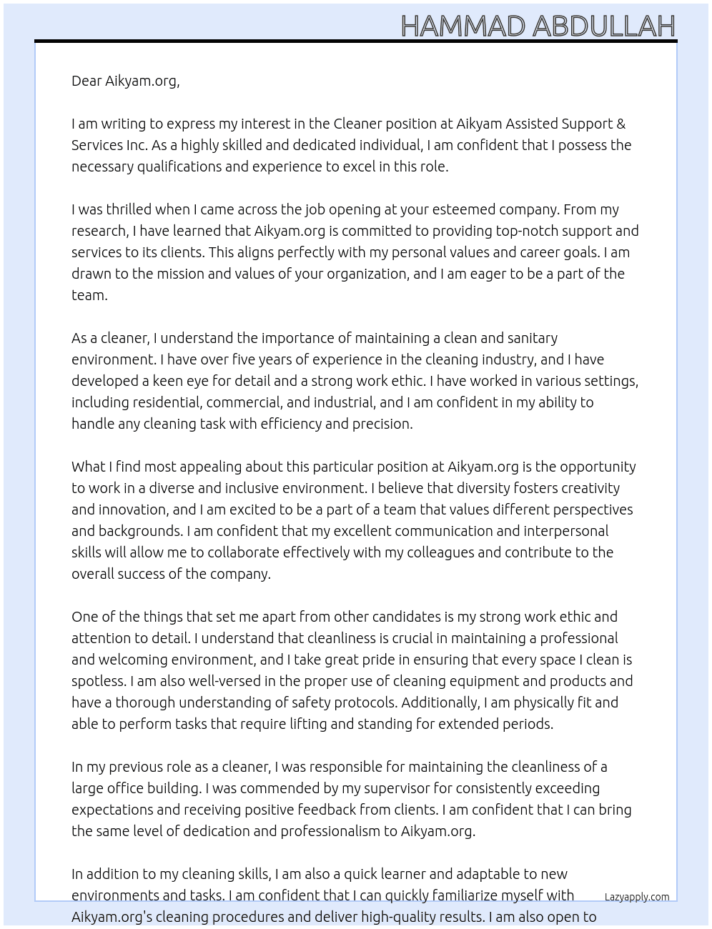 Cleaner At Aikyam Assisted Support & Services Inc Cover Letter