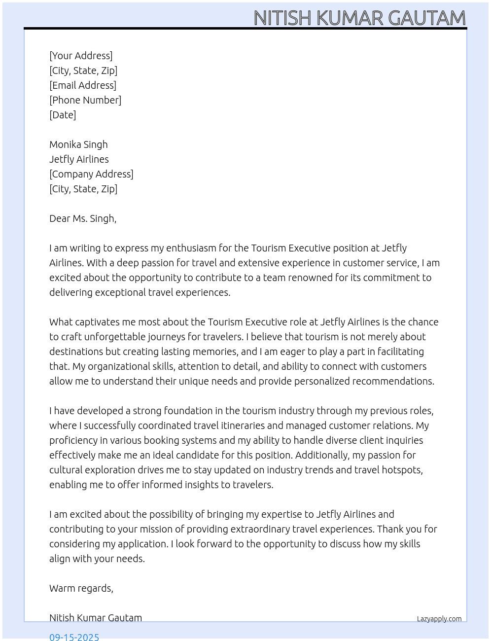 Tourism Executive At Jetfly airlines Cover Letter