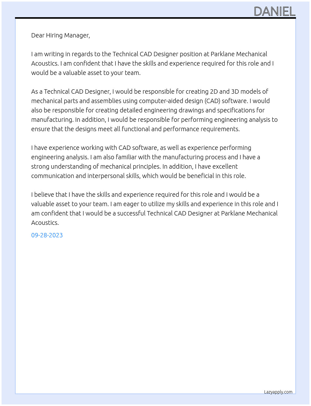 Technical CAD Designer At Parklane Mechanical Acoustics Cover Letter
