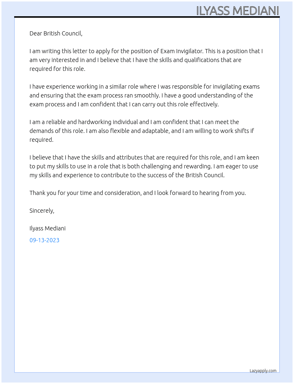 Exam Invigilator  At BRITISH COUNCIL Cover Letter