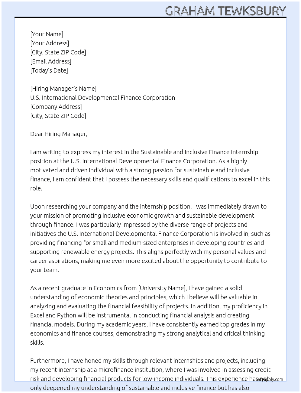 Sustainable and Inclusive Finance Internship At U.S. International Developmental Finance Corporation Cover Letter