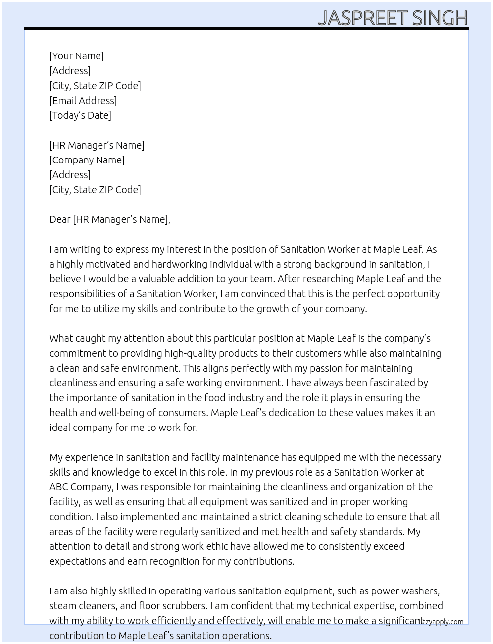 sanitation worker At Maple leaf  Cover Letter