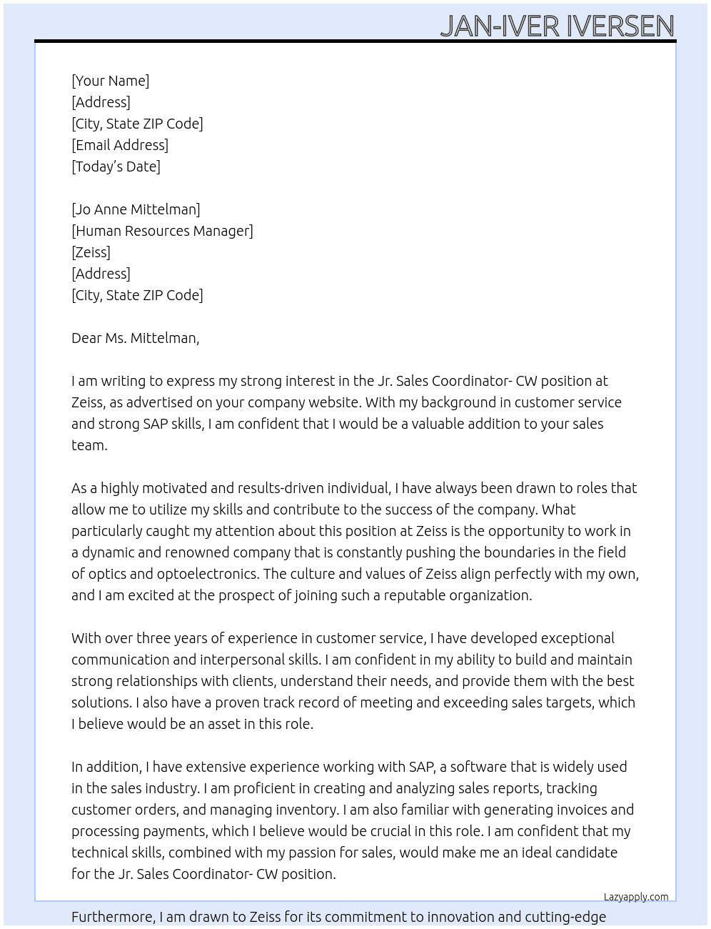 Jr. Sales Coordinator- CW At Zeiss Cover Letter