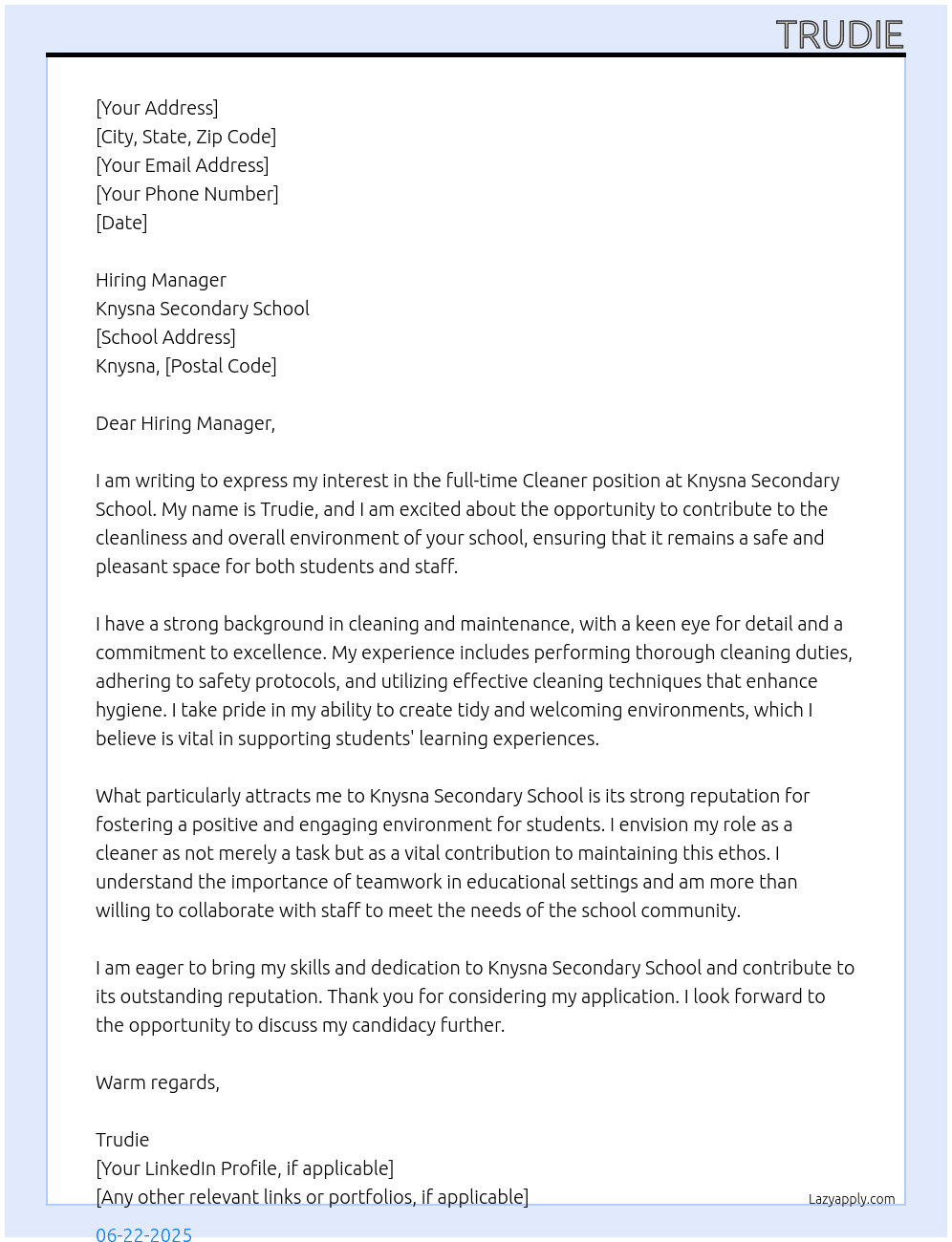 cleaner At Knysna secondary schoplol Cover Letter
