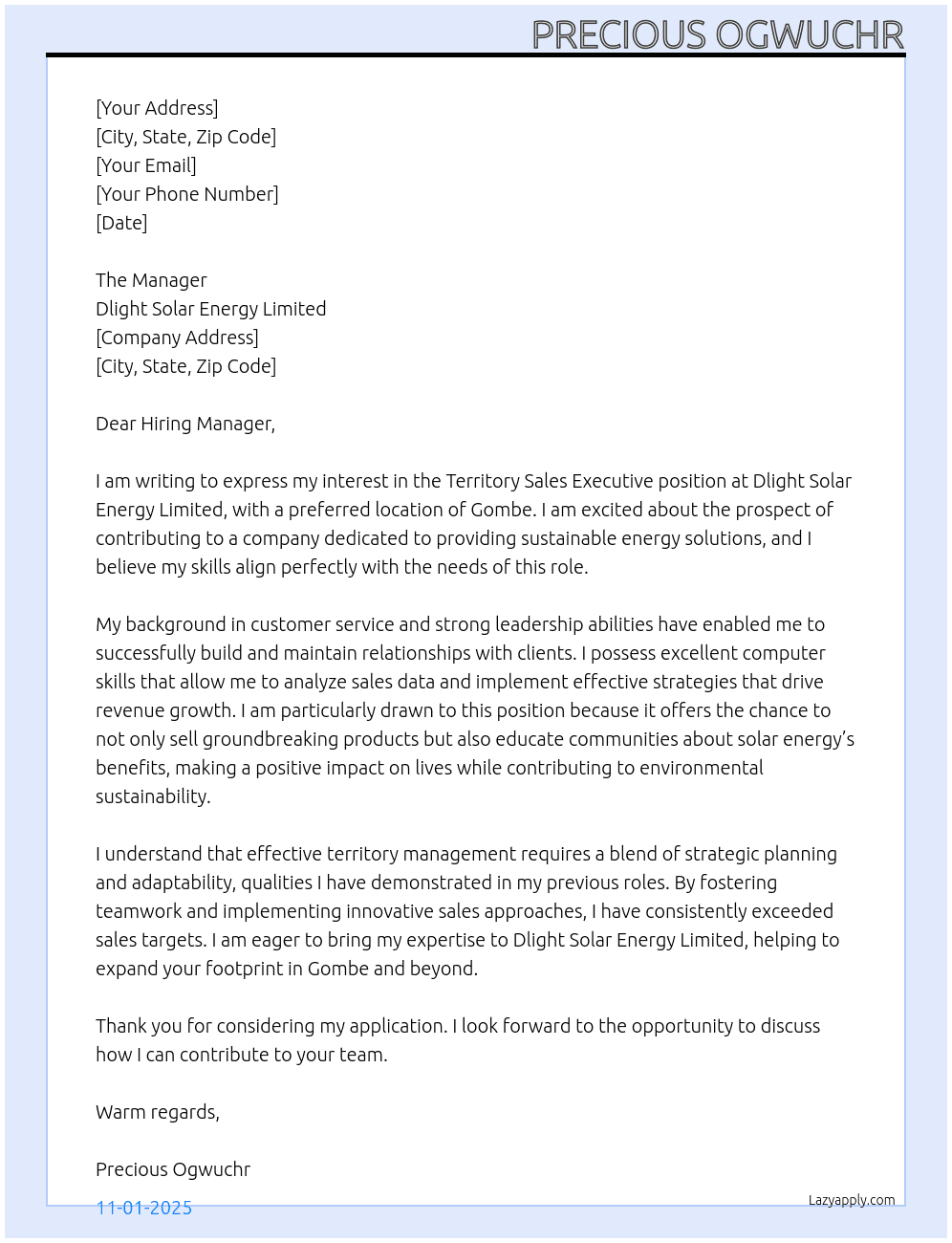 Territory sales executive  At Dlight Solar Energy Limited  Cover Letter