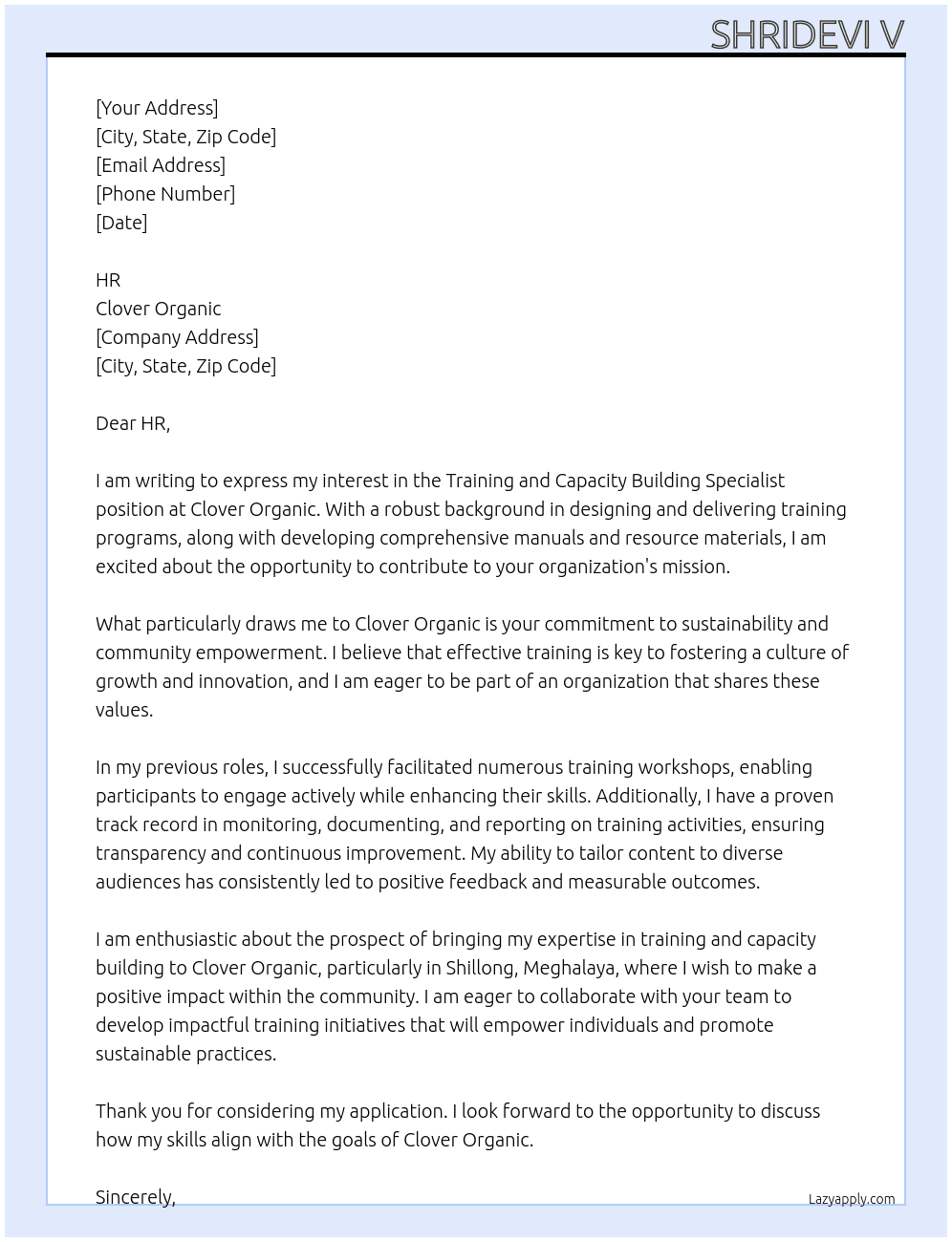 Training and Capacity Building Specialist  At Clover Organic Cover Letter