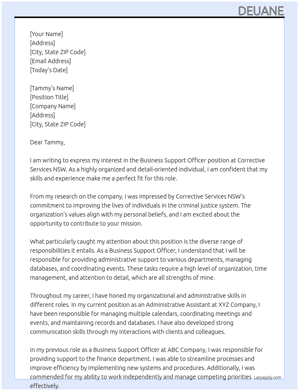 Business Support Officer At Corrective Services NSW Cover Letter