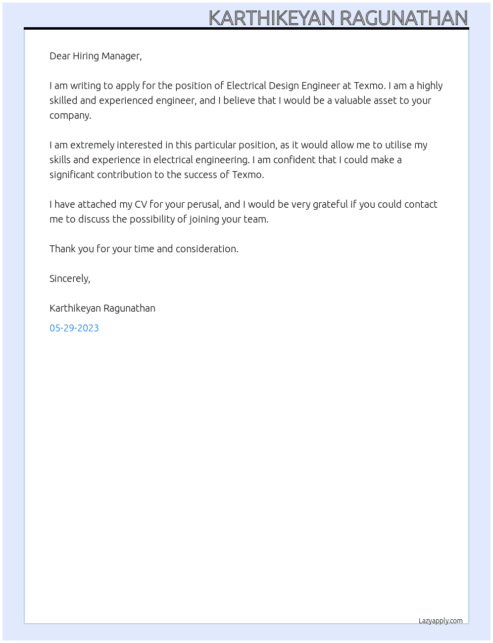 Electrical Design Engineer  At Texmo Cover Letter