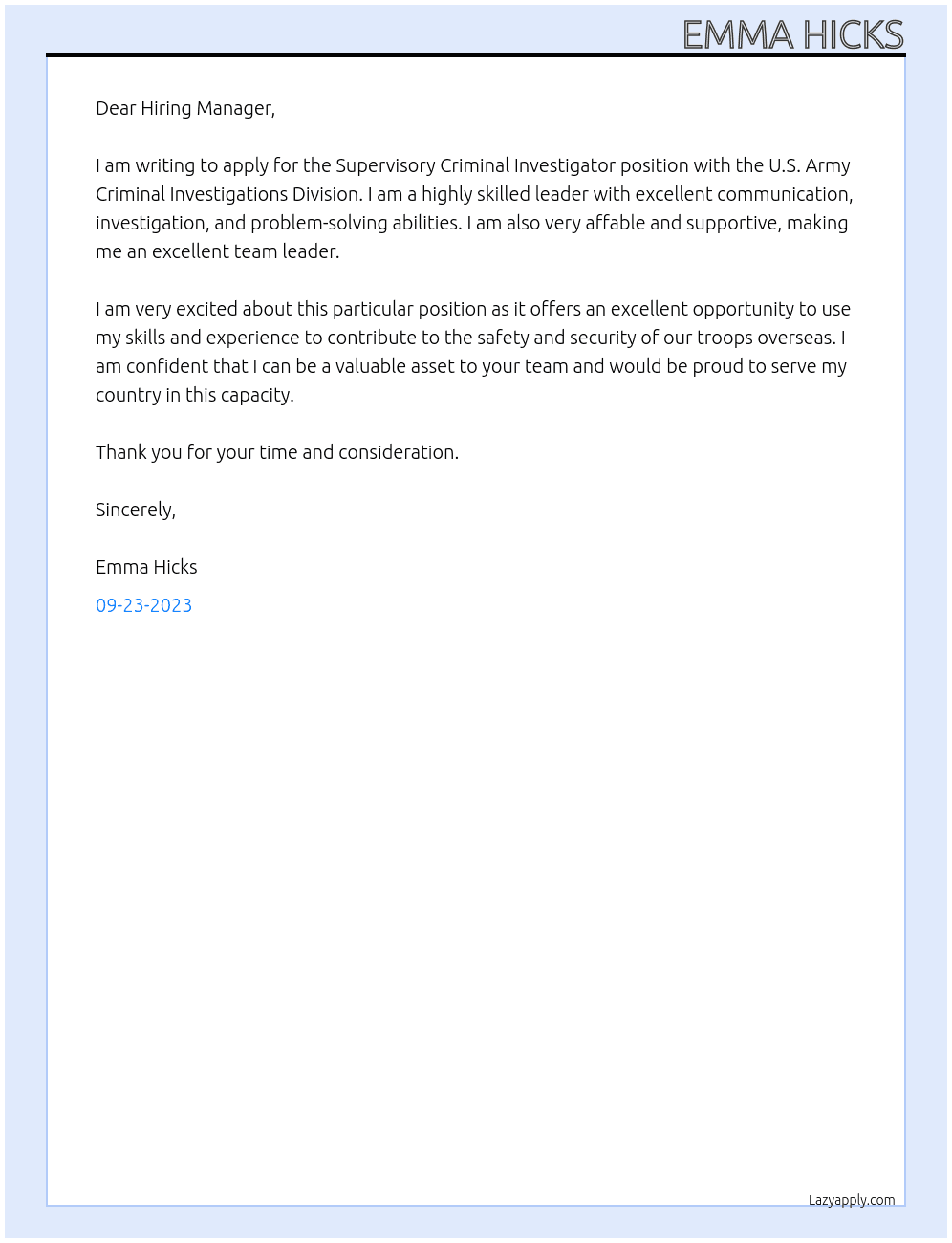 Supervisory Criminal Investigator At U.S. Army Criminal Investigations Division  Cover Letter