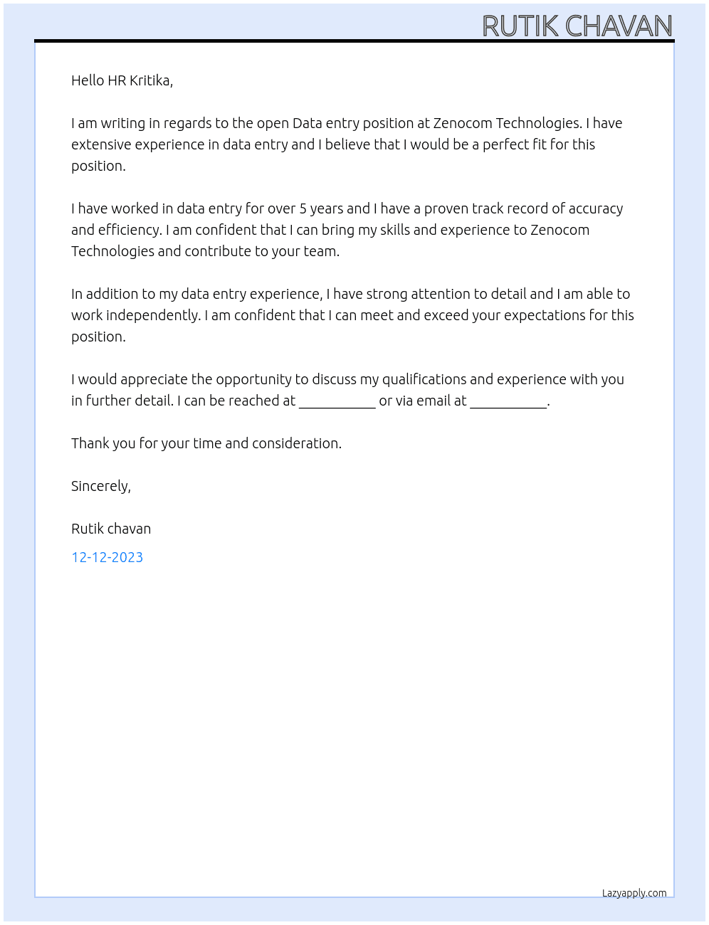 Data entry At Zenocom Technologies Cover Letter