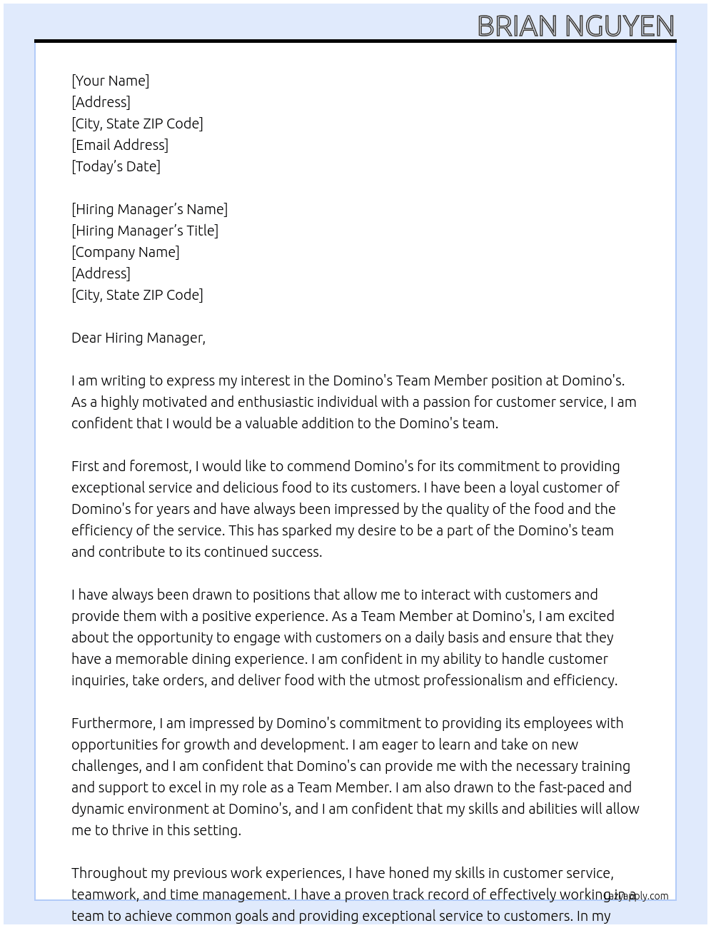 Domino's Team Member  At Domio's Cover Letter