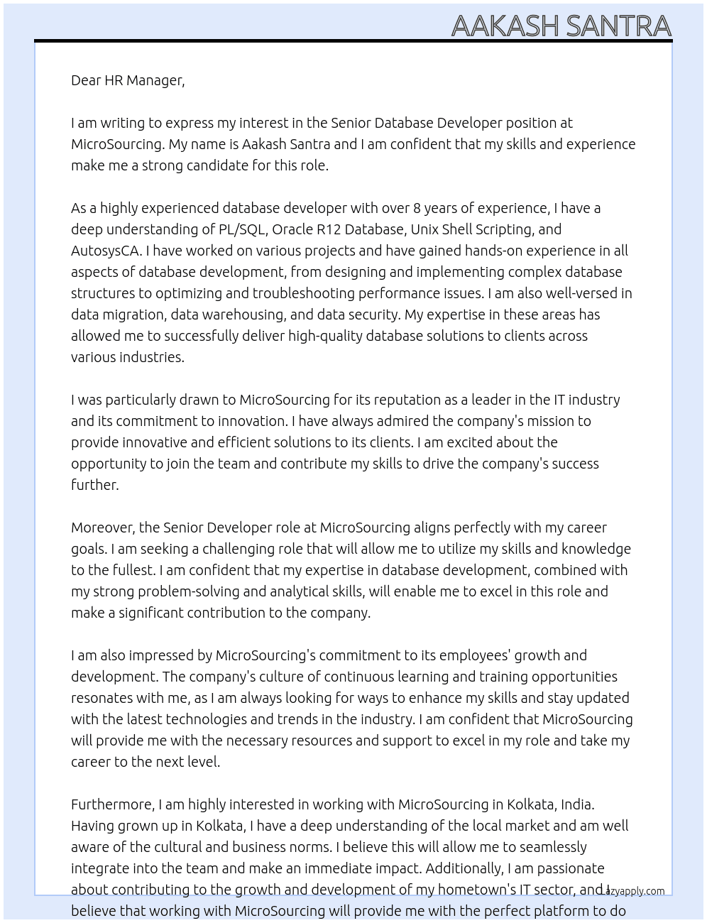 Cover letter for senior database developer - LazyApply