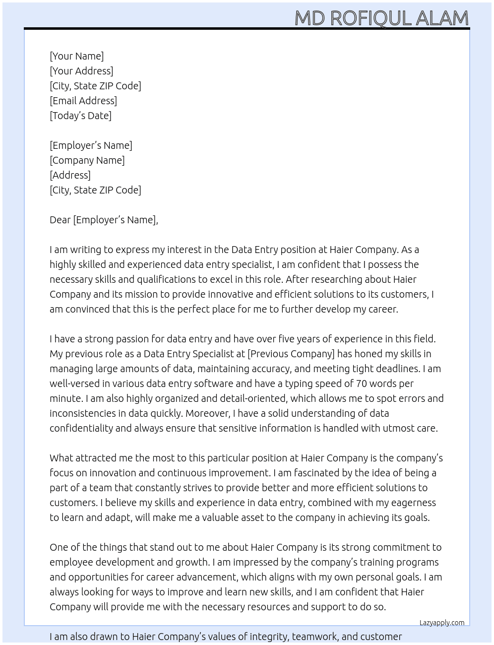 Data Entry  At MD ROFIQUL ALAM Cover Letter