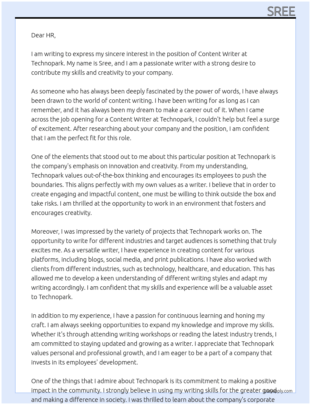 content writer At technopark Cover Letter