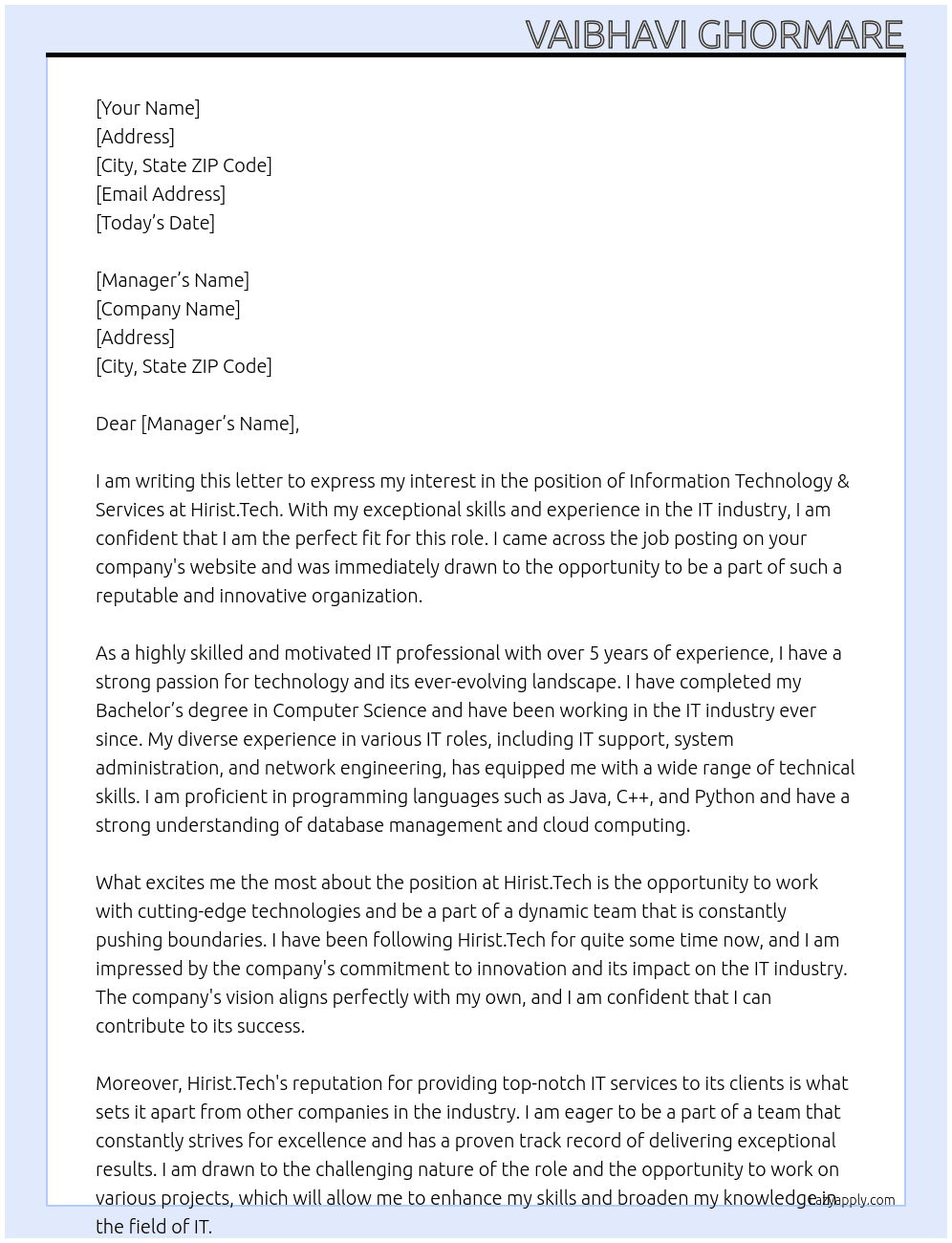 Information Technology & Services At Hirist.Tech Cover Letter