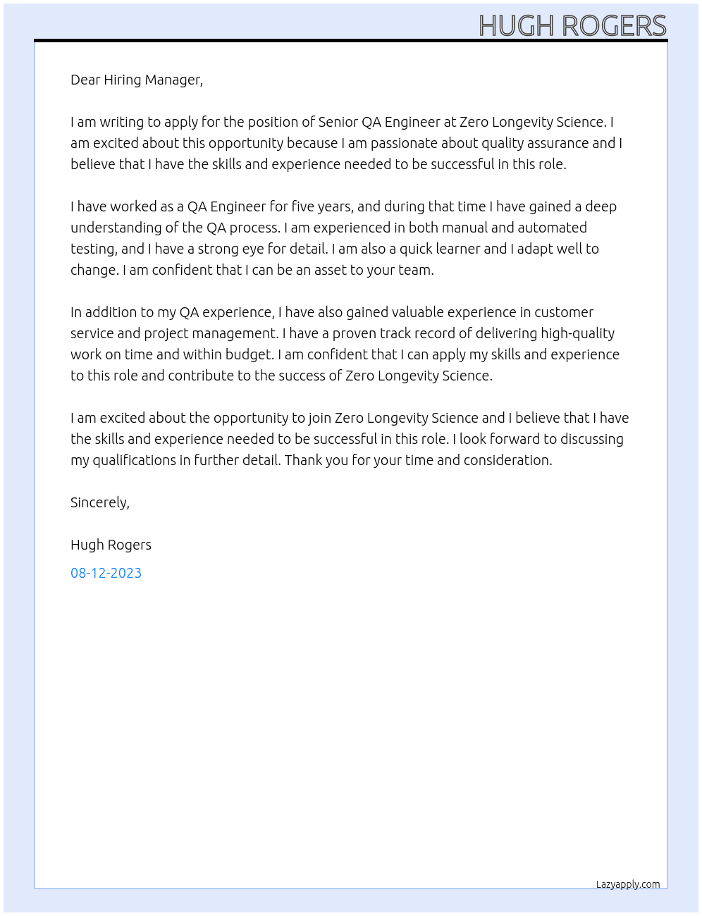 Senior QA Engineer At Zero Longevity Science Cover Letter