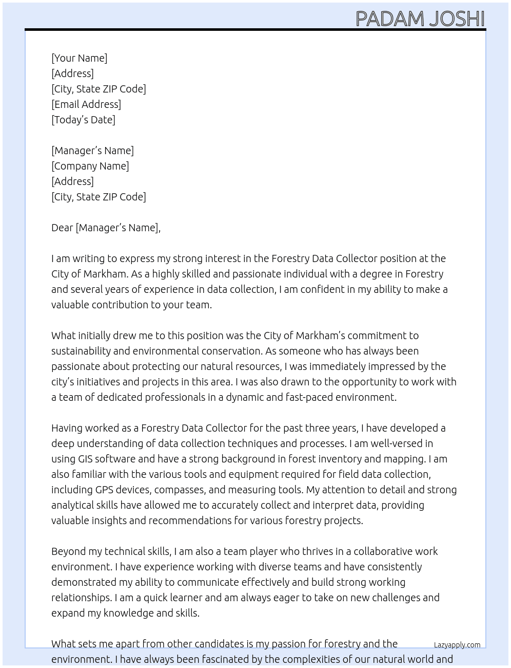 Forestry Data Collector At City of Markham Cover Letter