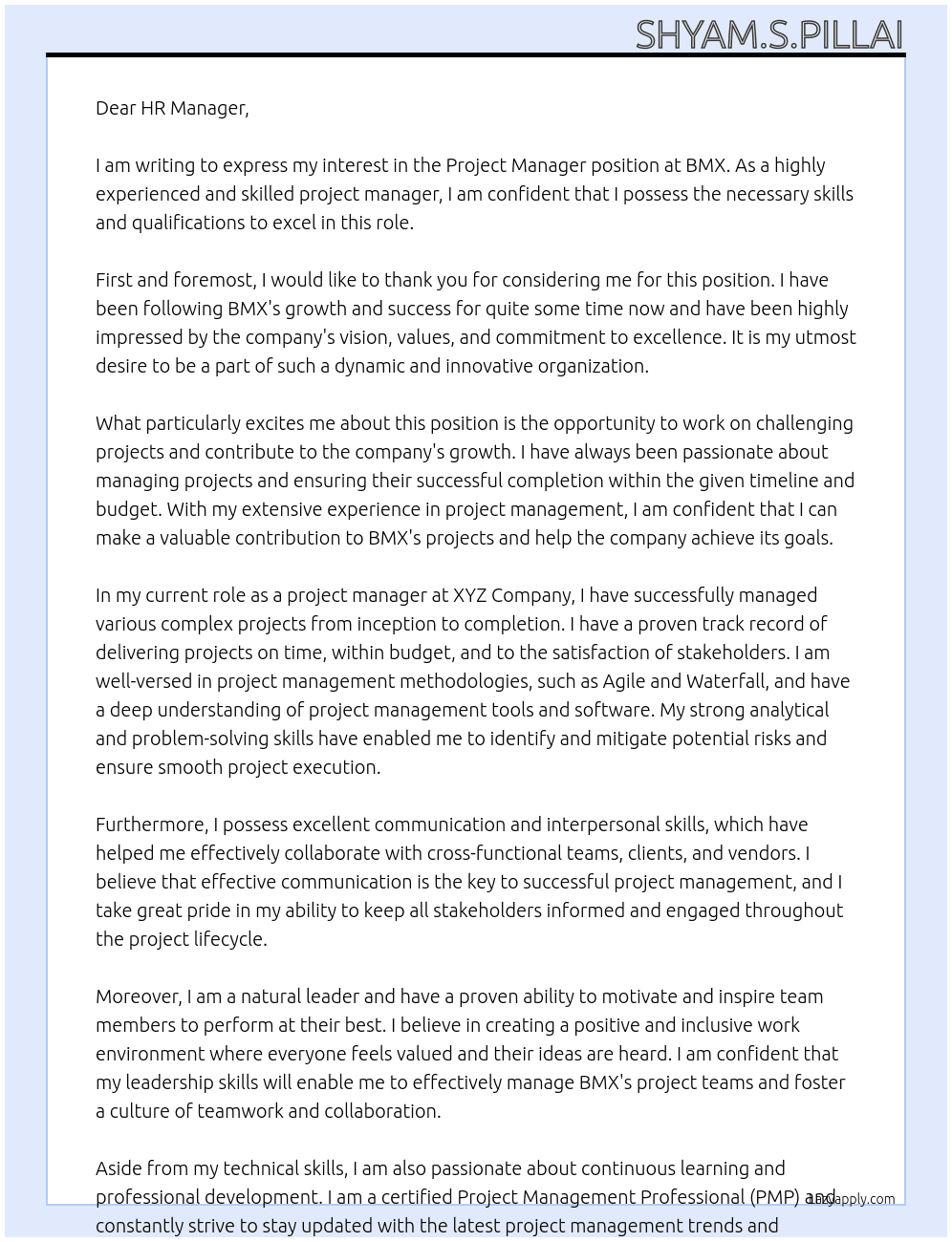 Project Manager At BMX Cover Letter