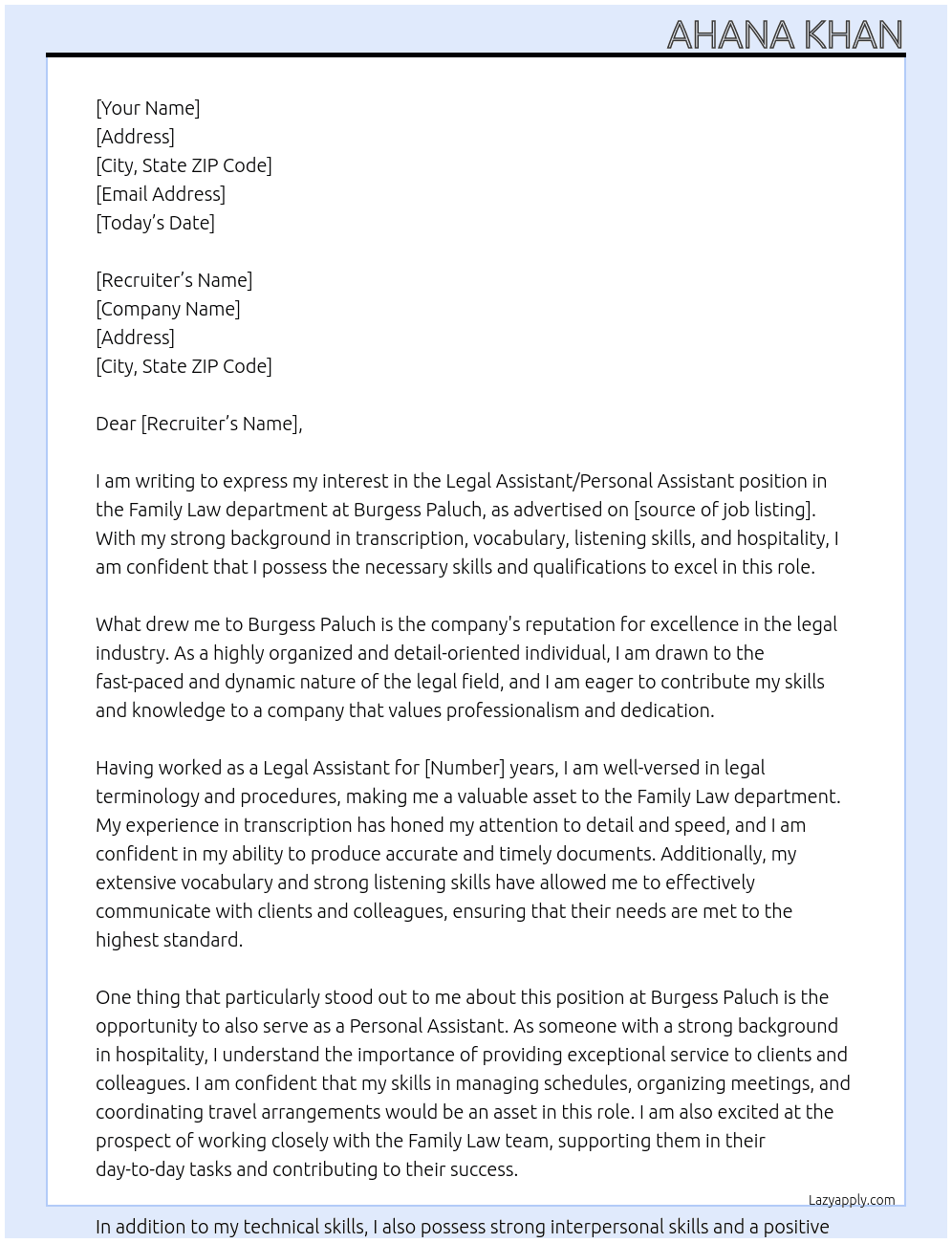 Legal Assistant/Personal Assistant - Family Law At Burgess Paluch Cover Letter