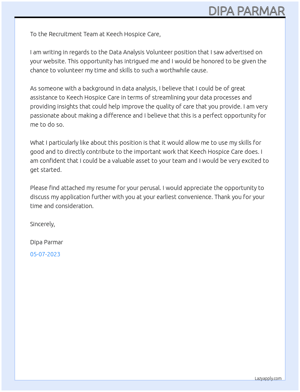 Data Analysis Volunteer At Keech Hospice Care Cover Letter