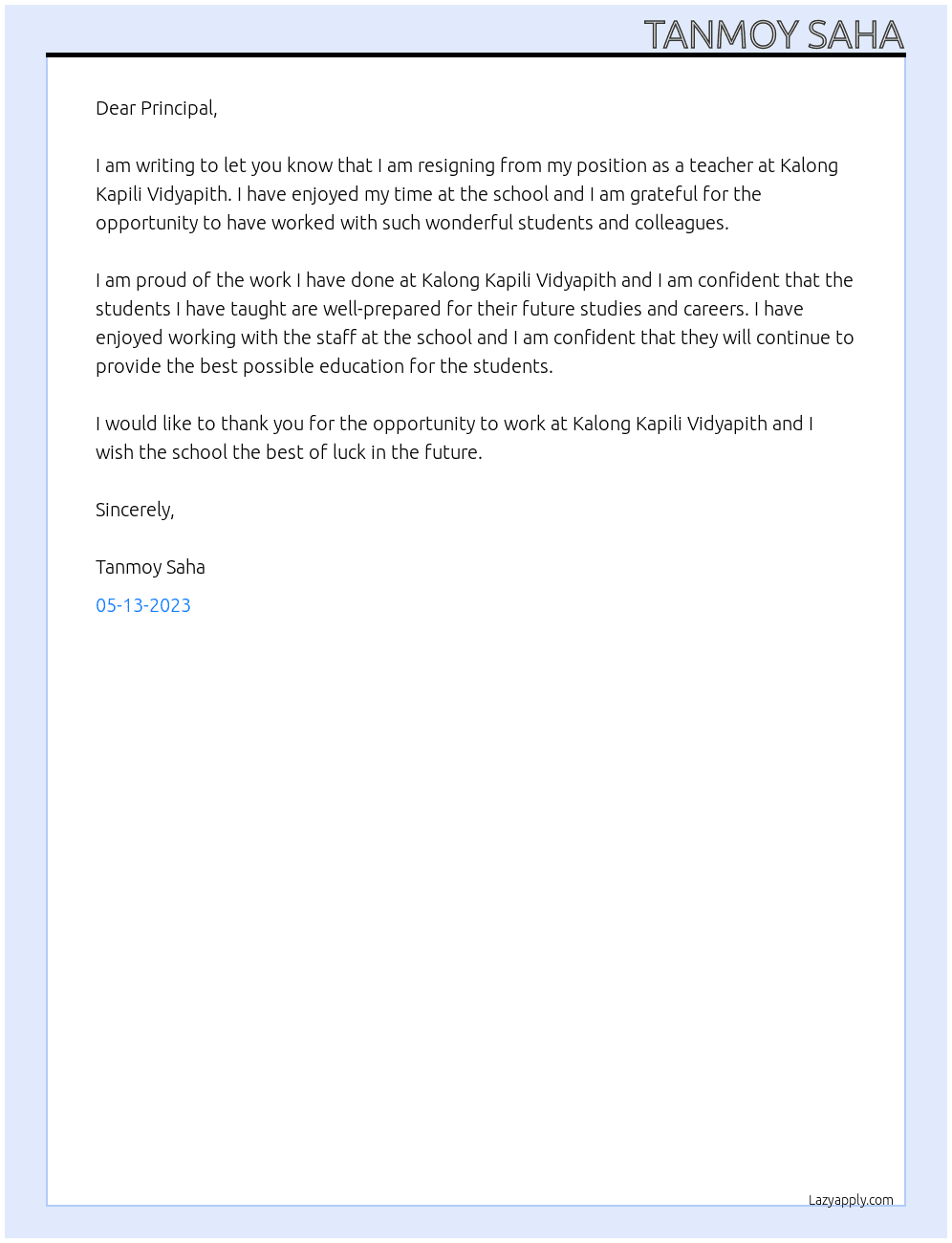 Resignation letter At Kalong Kapili Vidyapith Cover Letter