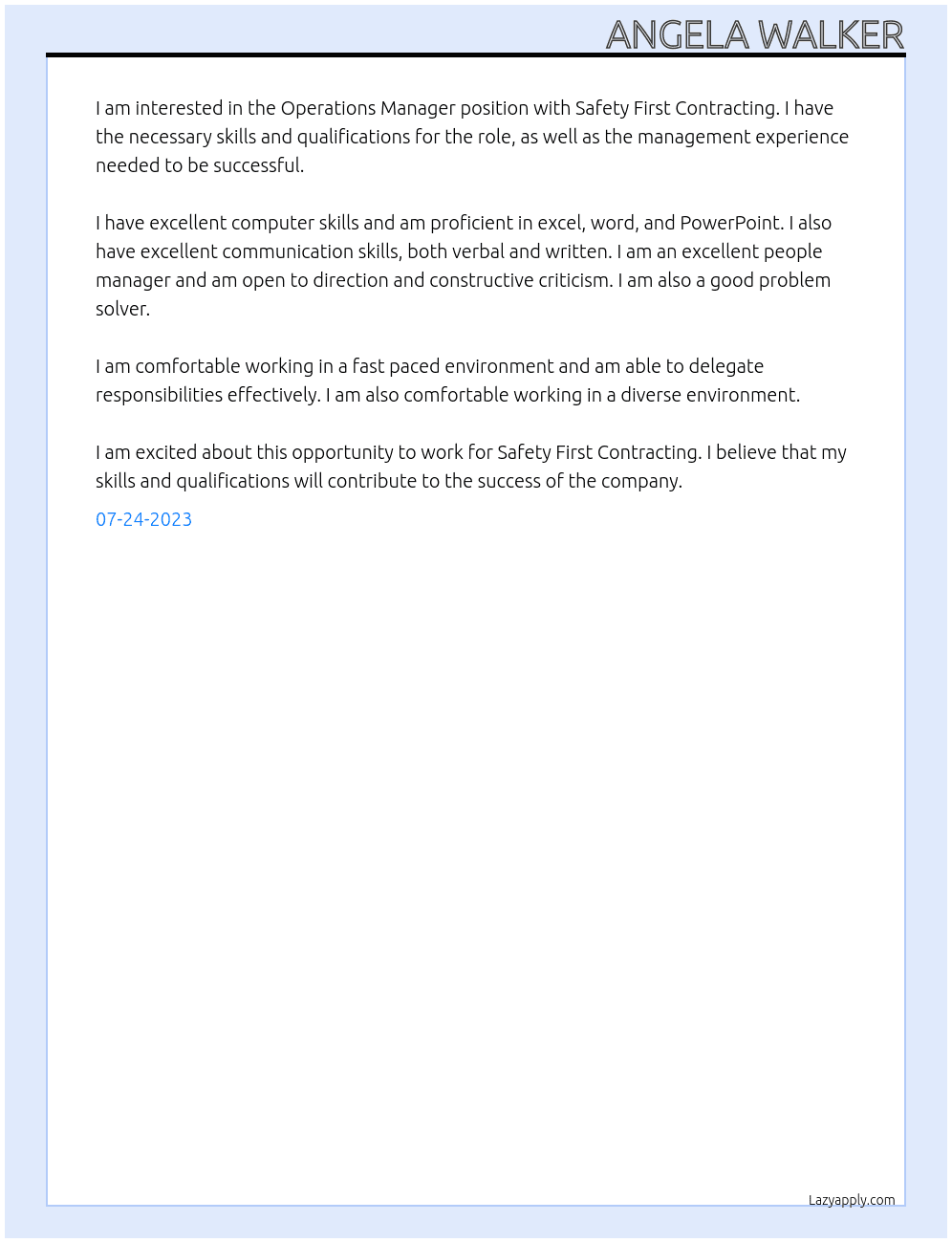 Operations manager At Safety First Contracting Cover Letter