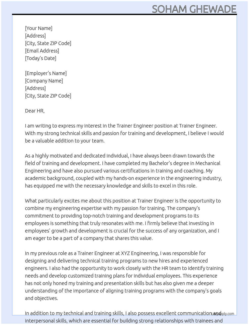Trainer engineer At Trainer engineer  Cover Letter