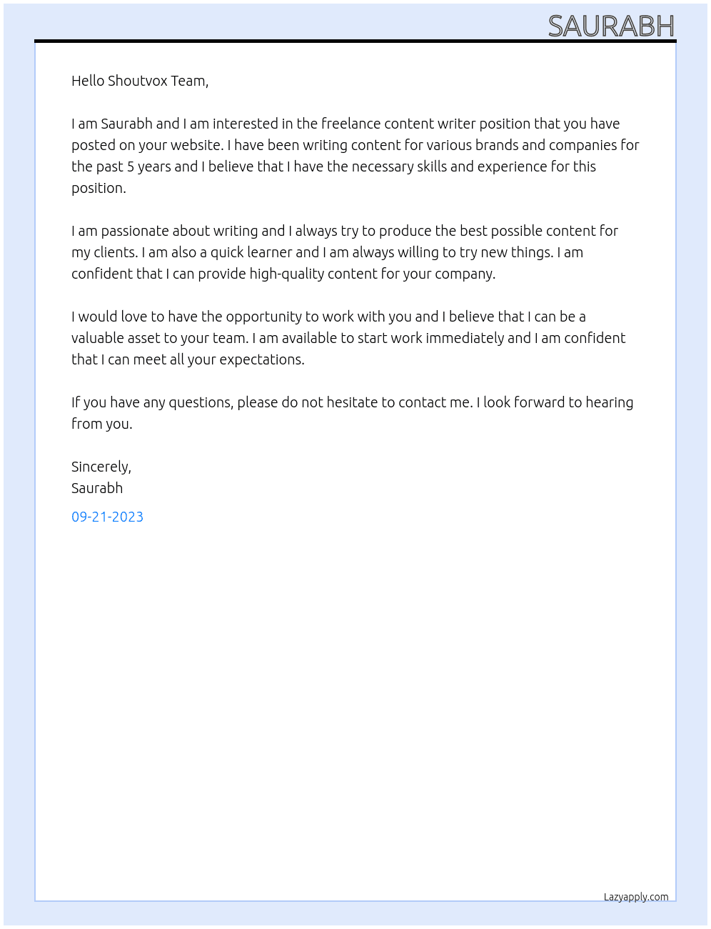 freelance content writer At Shoutvox Cover Letter