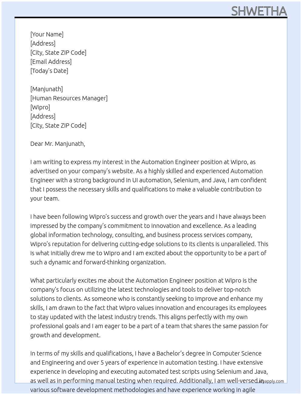 Automation Engineer At Wipro Cover Letter