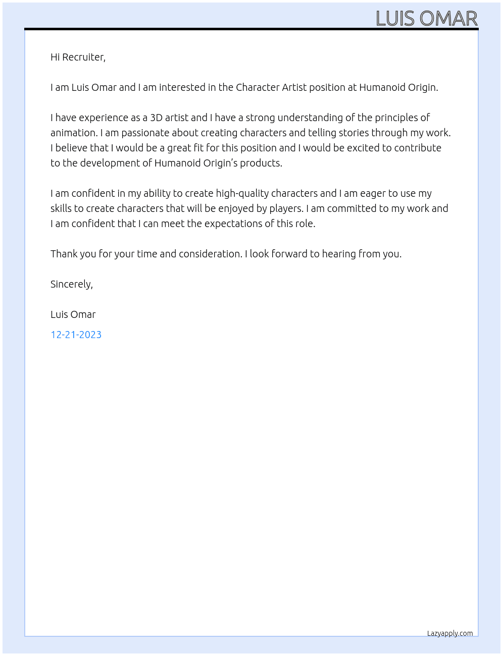 Character Artist At Humanoid Origin Cover Letter