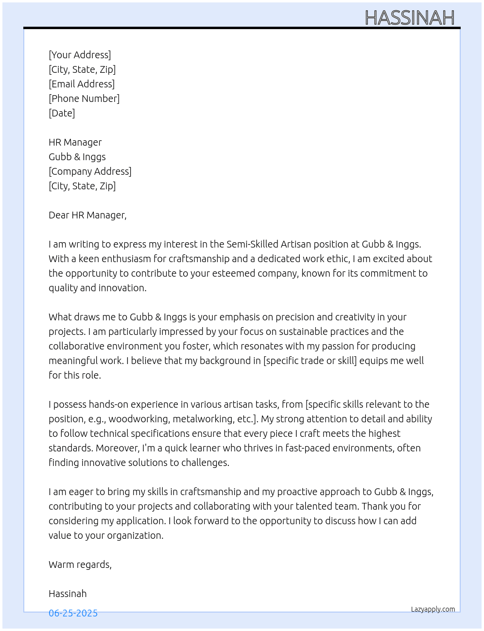 Cover letter for semi-skilled artisan - LazyApply