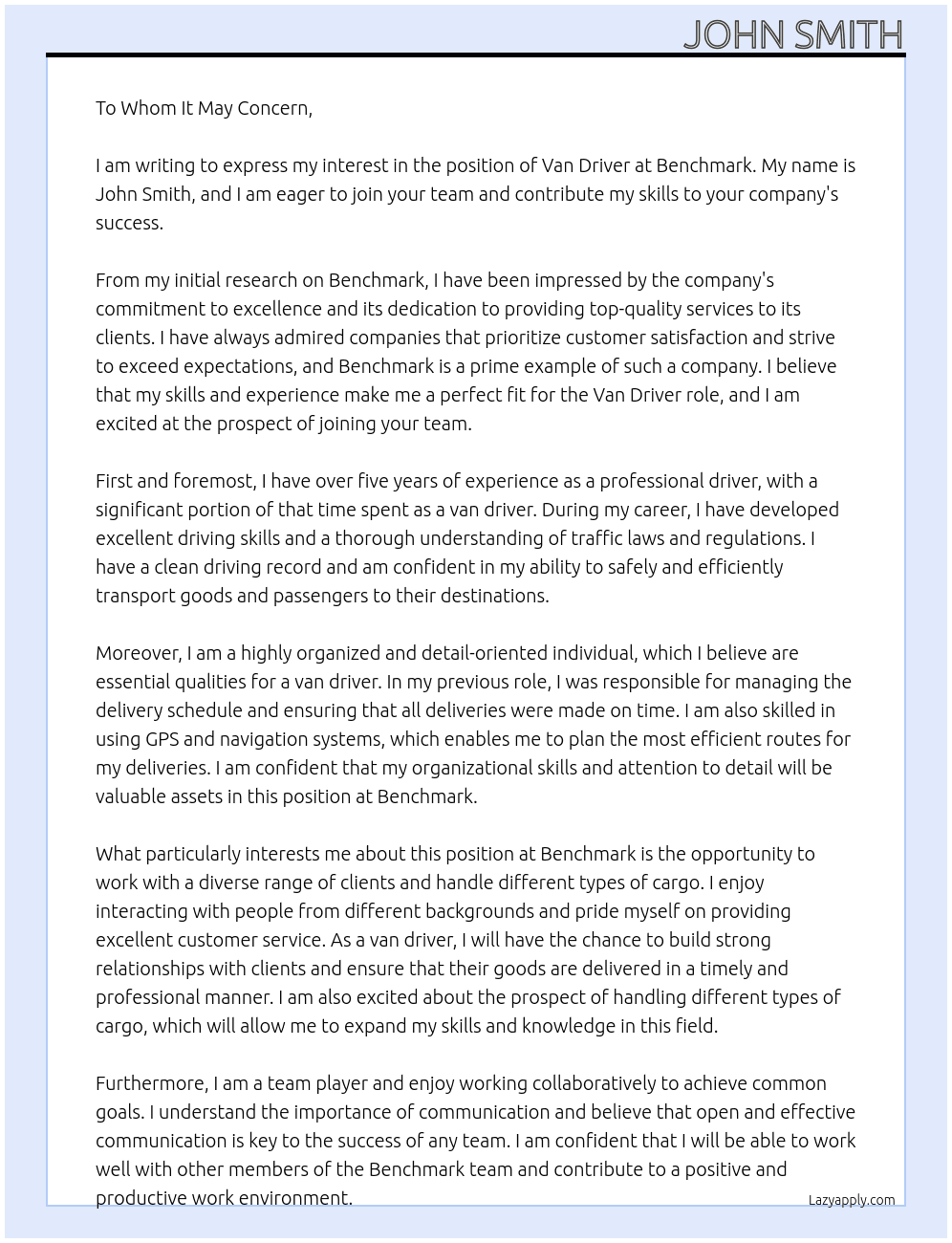 Van Driver At Benchmark  Cover Letter