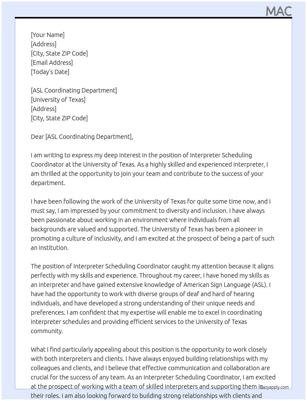 Interpreter Scheduling Coordinator At University of Texas Cover Letter