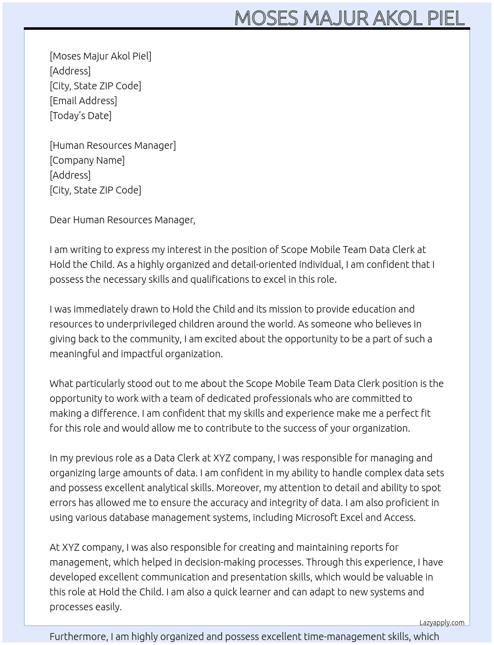 Scope Mobile Team Data Clerk At Hold the Child  Cover Letter