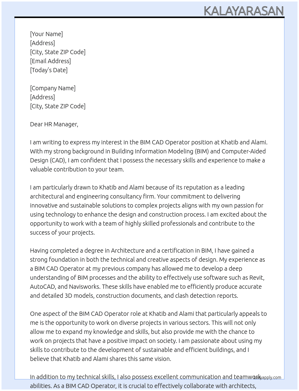 BIM CAD Operator At Khatib and Alami Cover Letter