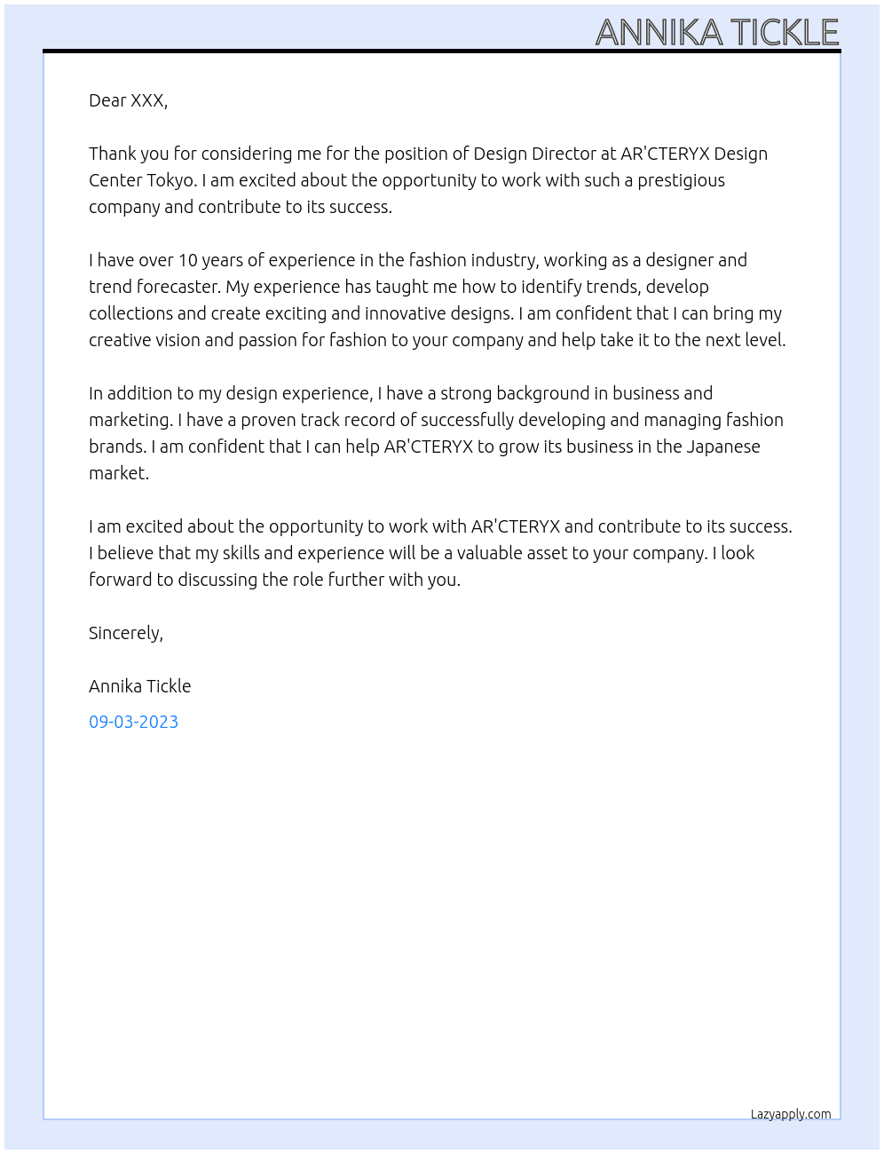 DESIGN DIRECTOR At AR'CTERYX DESIGN CENTER TOKYO Cover Letter
