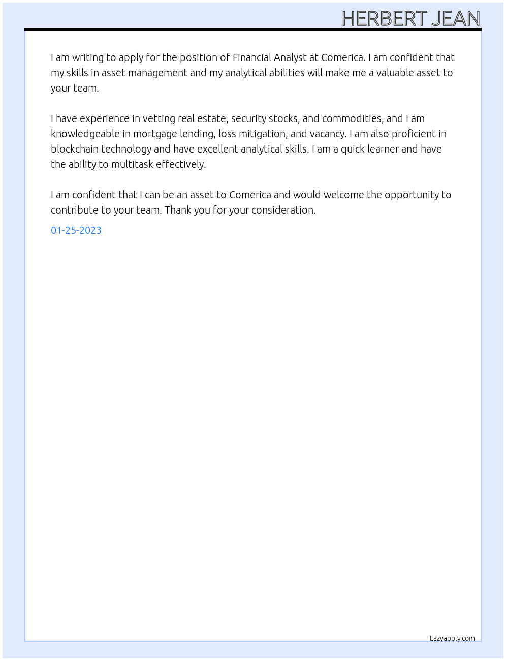 Financial analyst At Comerica Cover Letter
