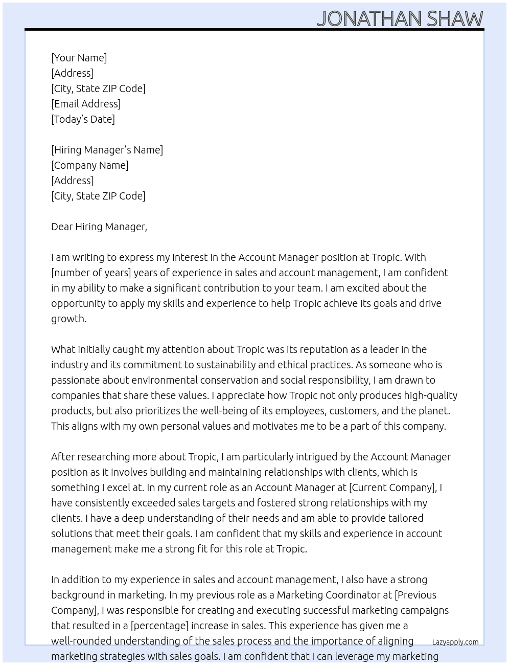 Account manager At Tropic Cover Letter