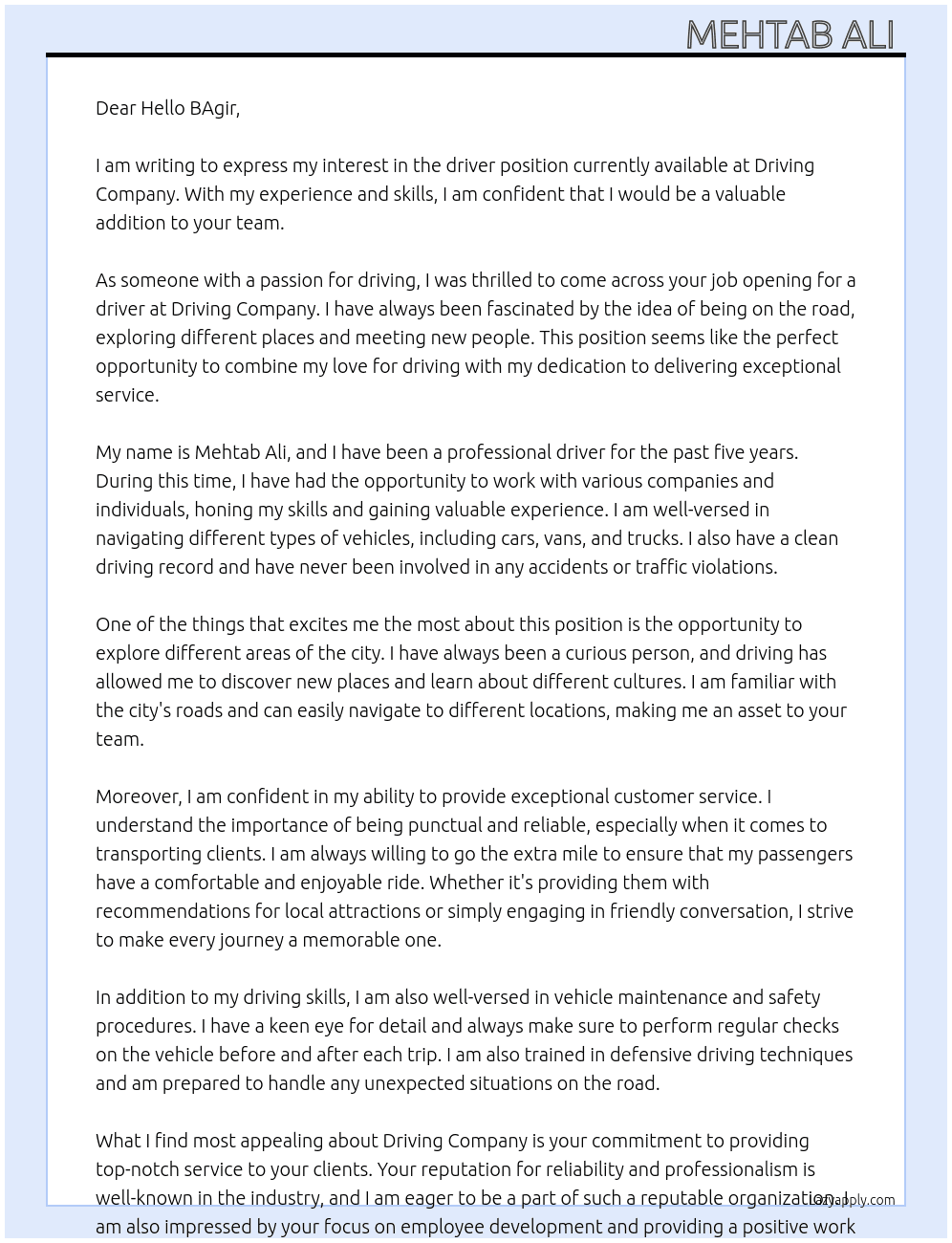Driver  At Driving  Cover Letter