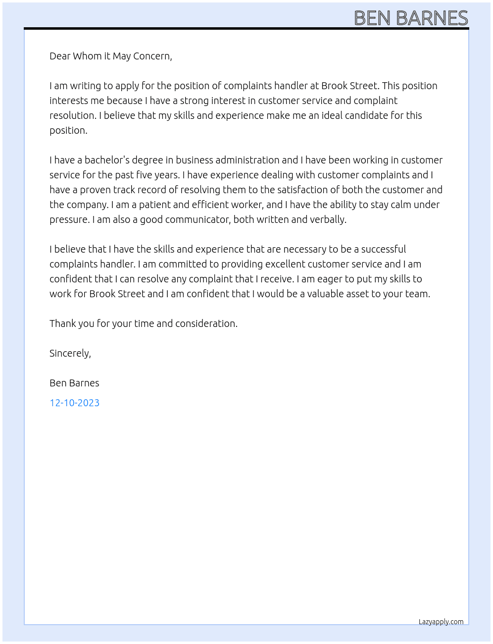 Complaints Handler At Brook Streer Cover Letter