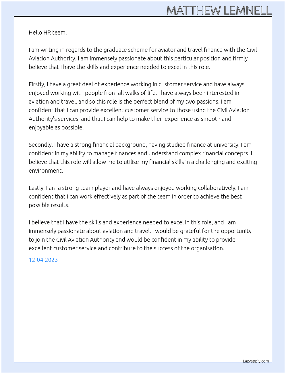 Graduate scheme - aviator and travel finance At Civil aviation authority Cover Letter