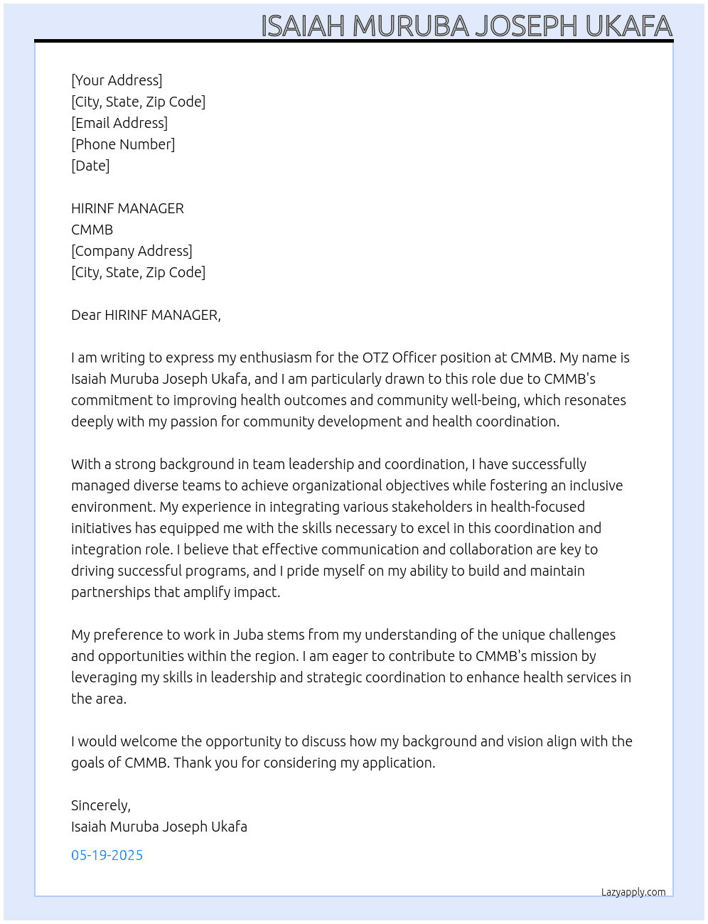 OTZ OFICER At cmmb Cover Letter
