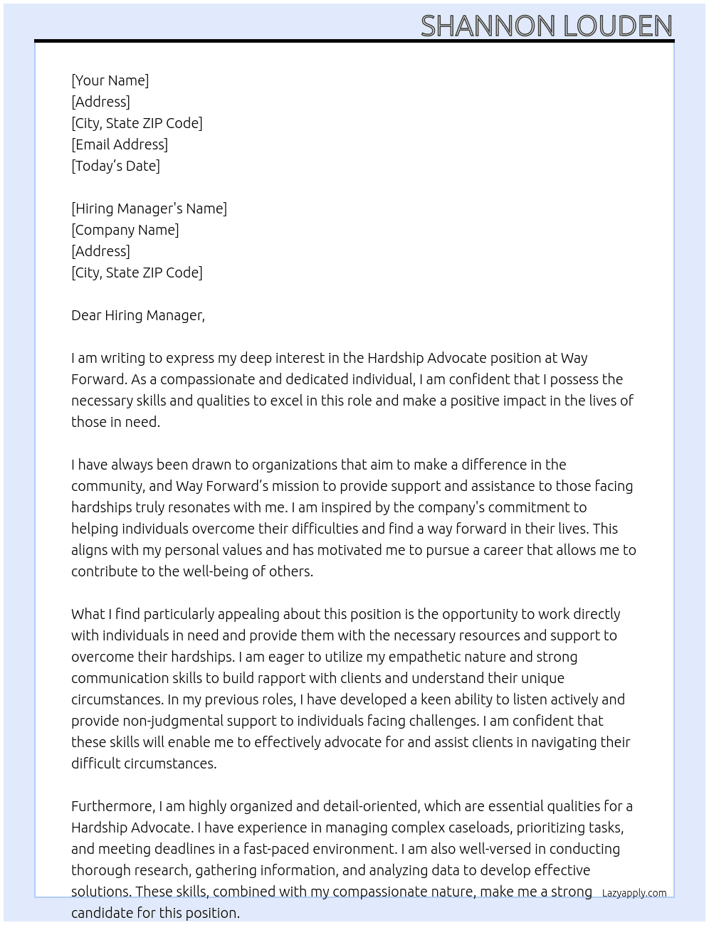 Hardship Advocate At Way Forward Cover Letter
